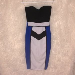 strapless black white and blue bodycon dress